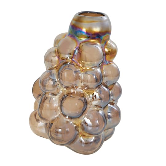 12" Iridescent Brown Abstract Handmade Bubble Glass Vase